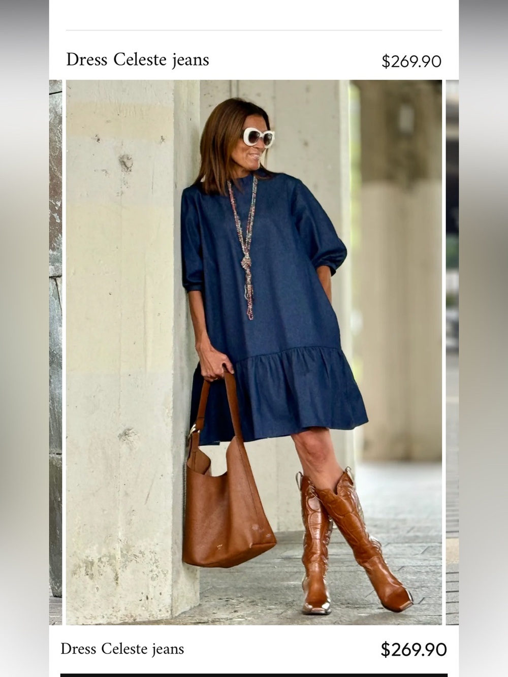 Celeste Navy Denim Tiered Mini Dress with Puff Sleeves